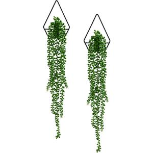 GREENTIME 2 Pack Wall Decor Hanging Planter with Fake Succulent Plants Artificial Ivy Vine Black Diamond Metal Hanging Vase Boho Faux String of Pearls for Teacher Appreciation Living Room Bathroom
