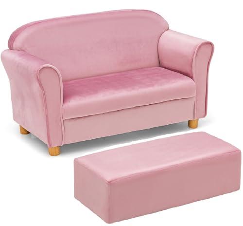 INFANS Kids Sofa with Ottoman, 2 Seat Toddler Upholstered Couch, Children Armrest Chair Lounge for Nursery Kindergarten Kids Room Boys Girls, Sturdy Wood Construction Velvet Surface (Pink, 2 Seats)