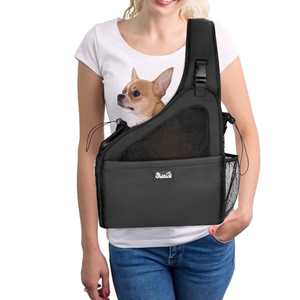 SlowTon Pet Dog Sling Carrier, Hands Free Hard Bottom Papoose Small Animal Puppy Up to 6 lbs Travel Bag Tote Breathable Mesh Support Adjustable Padded Strap Pocket Safety Belt Machine Washable