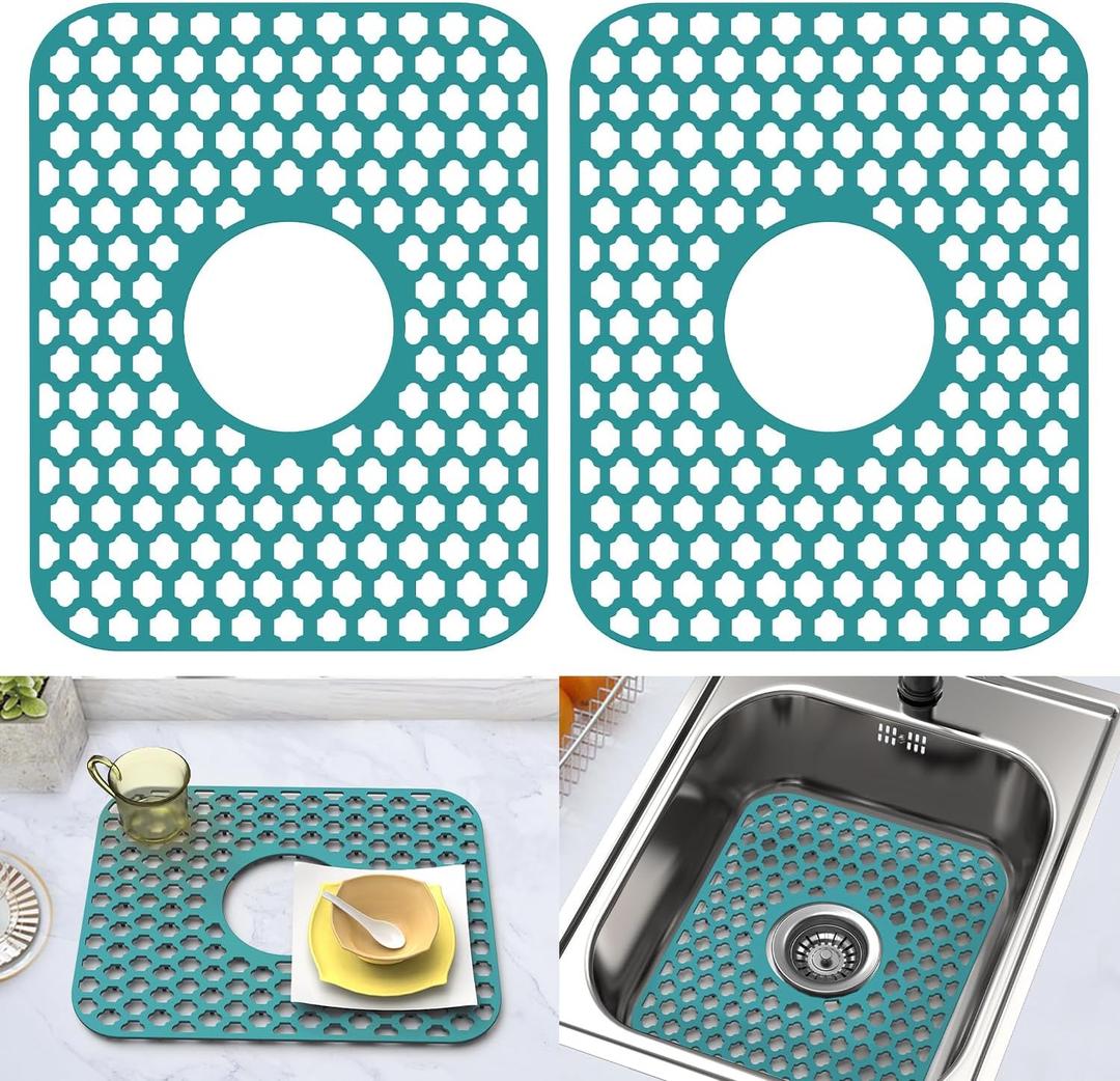 Silicone Sink Protector for Kitchen Bathroom Sink, 2 Pack 13.58"x 11.6" Heat-resistant Mat, Non-Slip and Durable Silicone Protectors, Center Drain (Green)