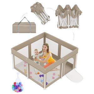 Foldable Baby Playpen 50"50", Playard for Babies and Toddlers, Portable Safety Baby Fence Lightweight,No Installation, Indoor & Outdoor Playpen with Ocean Balls*50, Beige