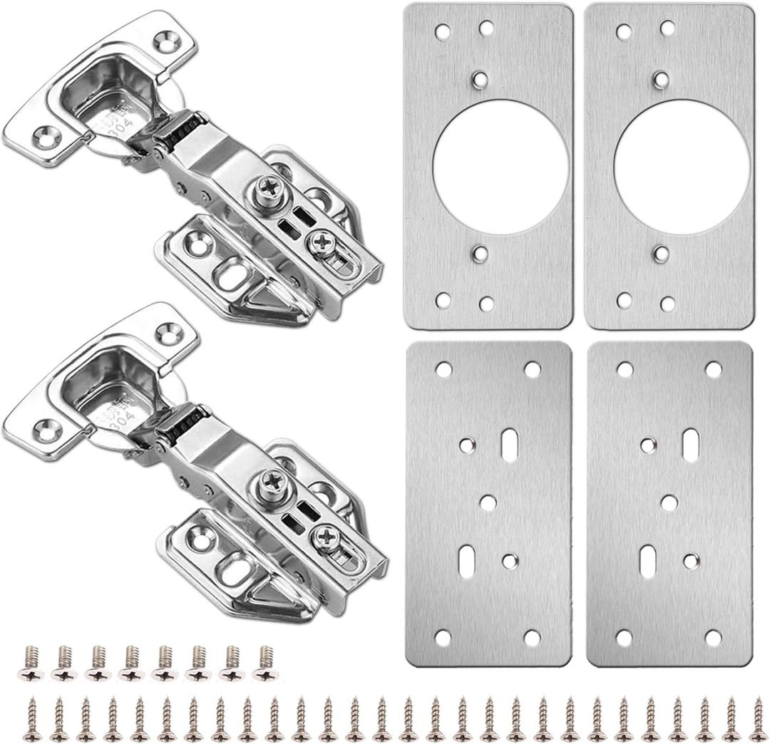 4Pack Cabinet Hinge Repair Plate with 2Pack Full Overlay Soft Closing Cabinet Hinges - Stainless Steel Hinge Repair Kit Plate for Cabinet - Hinge Fixing Plate Repair Piece with Mounting Screws