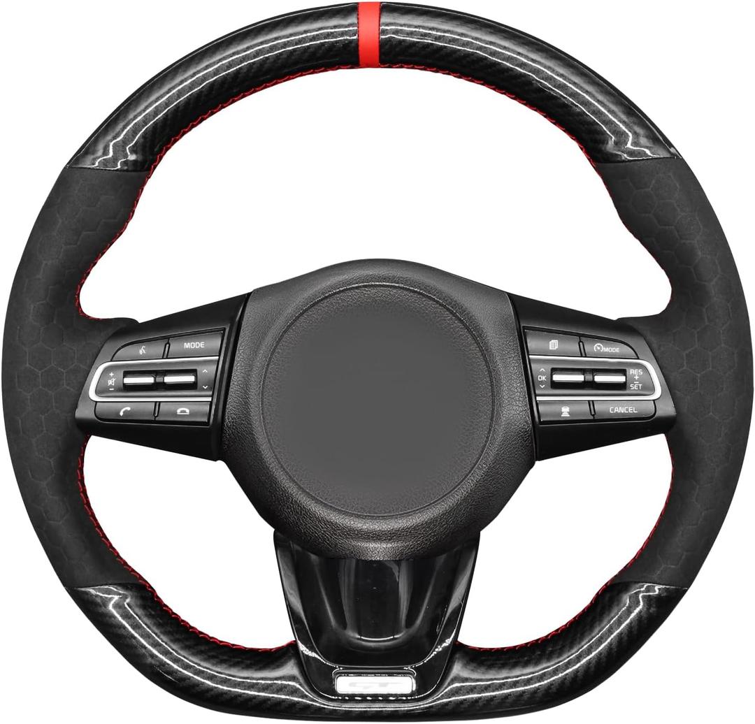 MEWANT Steering Wheel Cover for Kia Stinger (GT) 2018-2022 Accessories of Genuine Leather & Suede Hand Stitch Steering Wheel Wrap (Black hive suede + red stripe & thread)