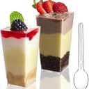 TOFLEN 50 Pack 3 oz Square Mini Dessert Cups with Spoons Clear Plastic Dessert Shooter Cups for for Party, Yogurt, Parfait, Cheesecake, Pudding, Jello and Appetizers