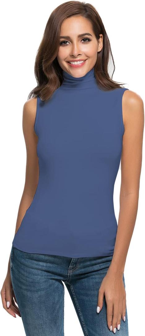 Womens Mock Turtleneck Sleeveless Stretch Fitted Underscrubs Layer Tank Tee Tops (Blue, S)