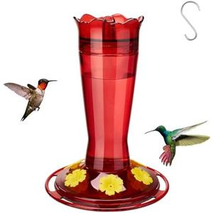 Kingsyard Glass Hummingbird Feeder for Outdoors Hanging, 14 oz Leak-Proof Humming Bird Feeders with Ant Moat & Bee Proof Feeding Ports, Hummingbird Gift for Bird Lovers (Red)