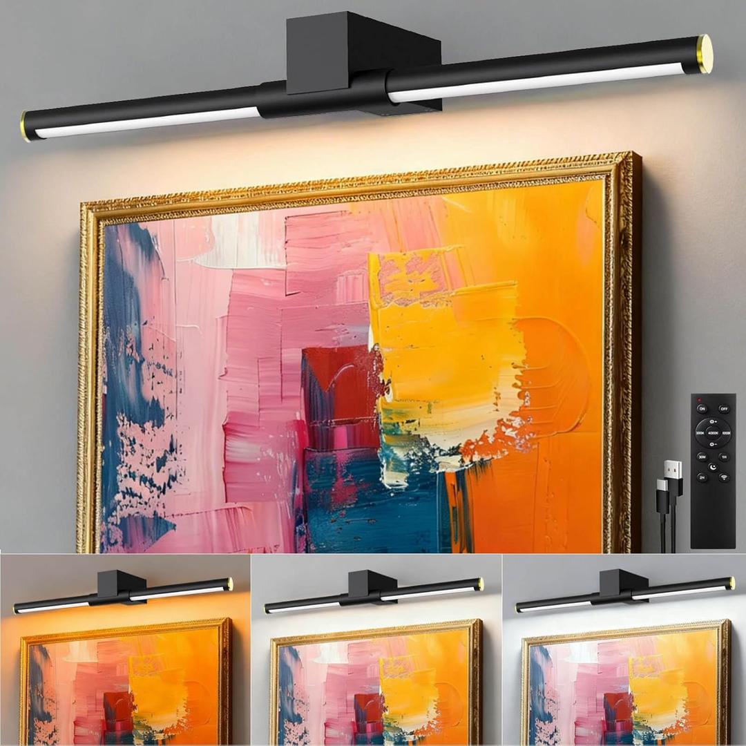 Picture Lights for Wall Battery Operated, Rechargeable Wireless Lights for Pictures on Wall with 3 Color Dimmable Remote for Painting Gallery Dartboard Poster Bedroom Frame Art Decor - Black 24 inch