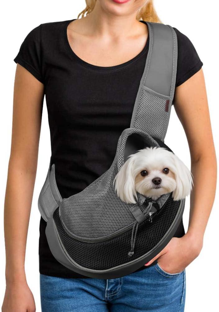 YUDODO Pet Sling Carrier for Small Dogs & Cats Hands-Free Puppy Carrier with Safety Hook, Large Zipper Pocket, Soft Breathable Mesh, Adjustable Strap & Reflective Strip (Black 1.0 S)
