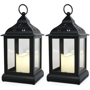 Bright Zeal 2-Pack 9.5" Vintage Decorative Candle Lantern with LED Flickering Flameless Candle (Black, 8hr Timer) - Indoor Hanging Lanterns Decorative Lanterns Battery Powered LED Candle Timer Candle