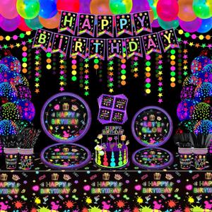 228 Pack Glow Neon Party Supplies Glow in The Dark Party Decorations BlackLight Party Tableware Set - Plates, Black Light Banners, Fluorescent Balloons, Graffiti Tablecloth, Garland, Napkins Serves 20