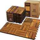 9Pcs Acacia Wood Interlocking Patio Deck Tiles, 12 x 12 x 0.9 Inch Outdoor Flooring, Waterproof for All-Weather Use  Crossed, Natural
