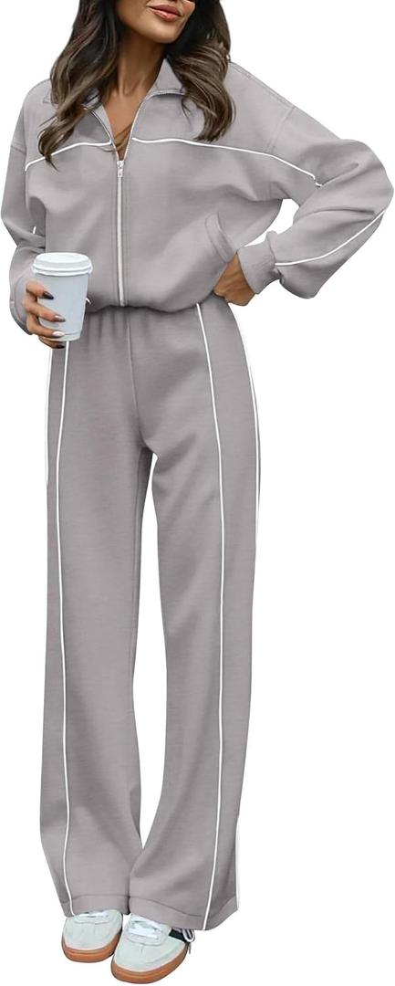 BTFBM Women's Two Piece Tracksuit Spring 2026 Long Sleeve Zip Up Sweatshirt Long Pants Outfits Jogger Sweatsuit Sets (X-Large, Grey)