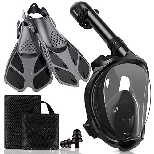 Viginsul Mask Fins Snorkeling Gear for Adults, Full Face Snorkel Mask & Adjustable Swim Fins Snorkel Set, Panoramic View Snorkel Mask Dry Top Anti-Fog Anti-Leak  L/XL