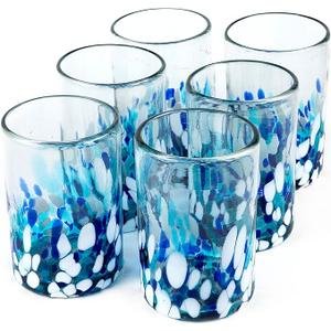 15 oz Hand Blown Mexican Drinking Glasses - Set of 6 tumblers, 15 fl oz each, Blue Confetti