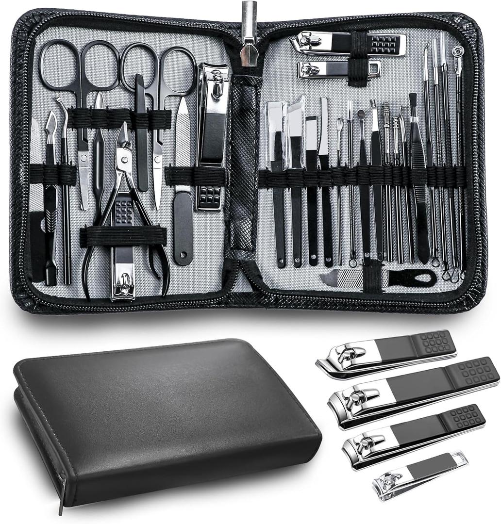 Manicure kit Personal Care Mens Grooming Kit, 30 in 1 Professional Nails Kit Pedicure Kit, Nail Clippers for Men and Beauty Tool Portable Set, with Luxurious Travel Case (Black)