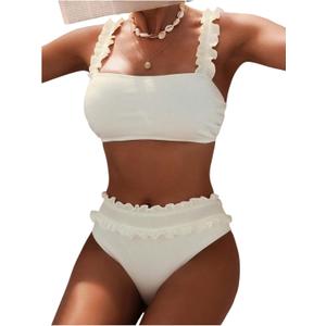 Verdusa Women's 2 Piece Ruffle Bikini Set Backless Swimsuit Bathing Suit, XS (White)