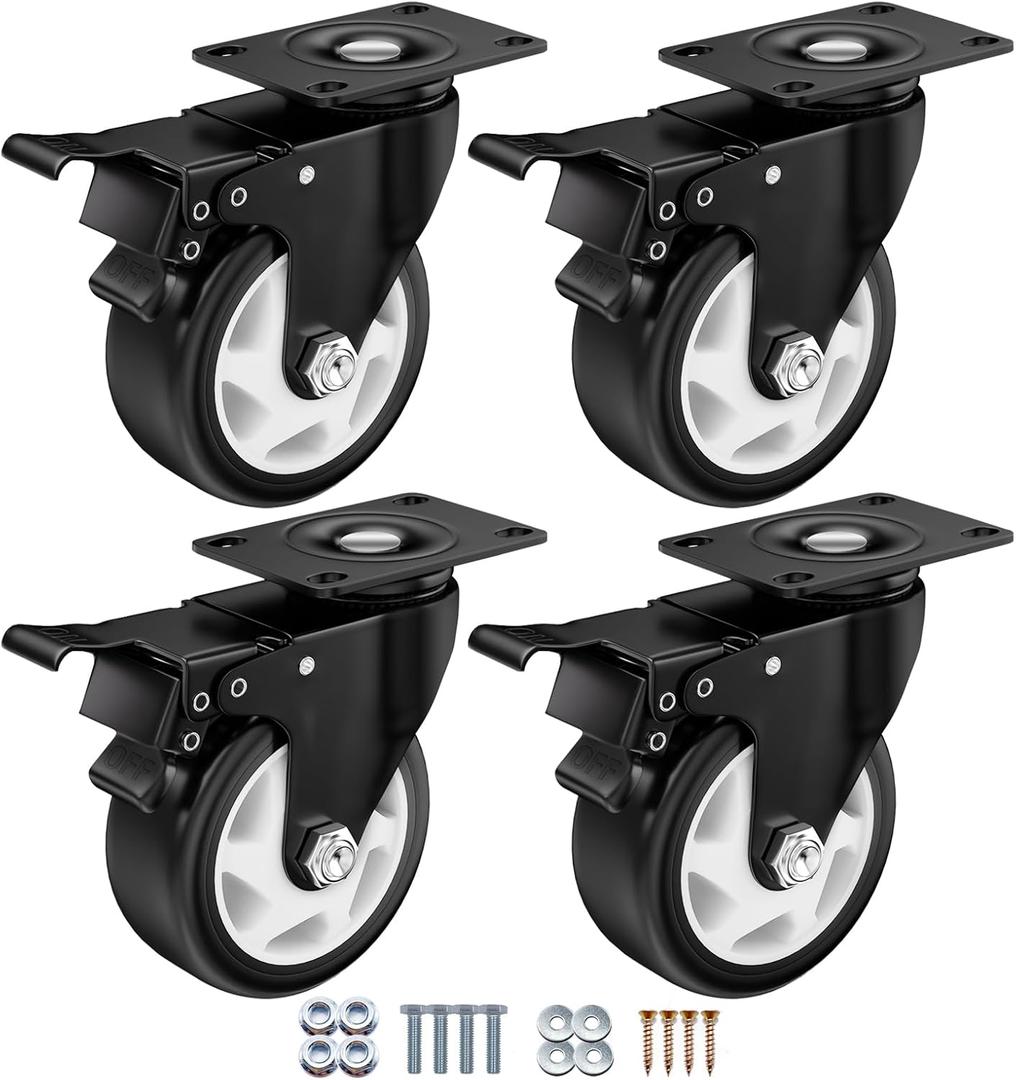 4 Inch Caster Wheels, Casters Set of 4, ASHGOOB Casters with Brake Heavy Duty 1400 Lbs, Industrial Locking Swivel Top Plate Castor Wheels for Workbench/Furniture/Cart.AB Switch, Double Pedal Brake