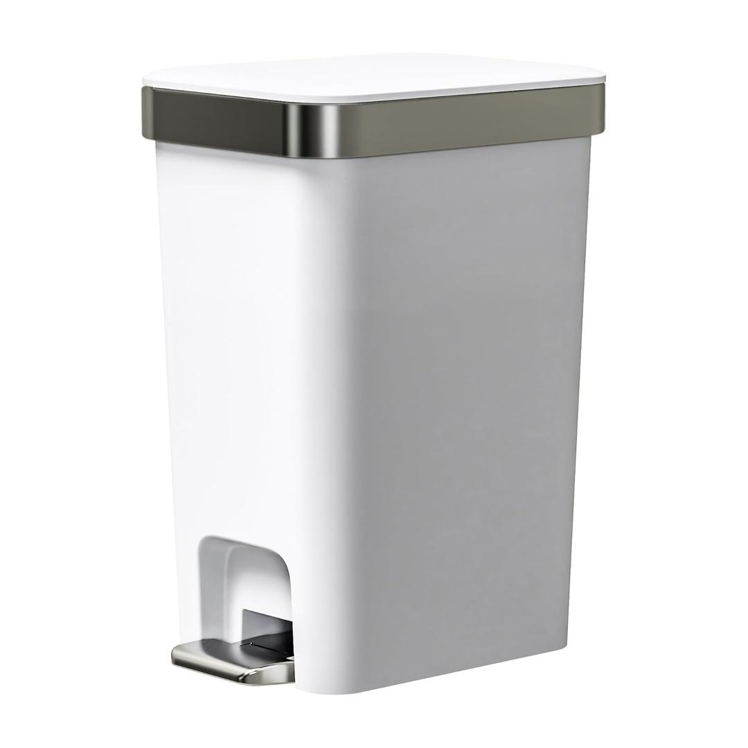 onlcuk Small Bathroom Can with Lid Soft Close, 10 Liter/2.6 Gallon Slim Garbage Can-Metal Step and Press top Lid, Mini Modern Waste Basket for Toilet, Office, Bedroom,Dorm,Grayish-White