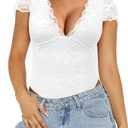 Saslax Women's Sexy Deep V Neck Lace Bodysuit Short Sleeve Double Lined Thong Body Suit for Going Out Date Night Club (Large, White)