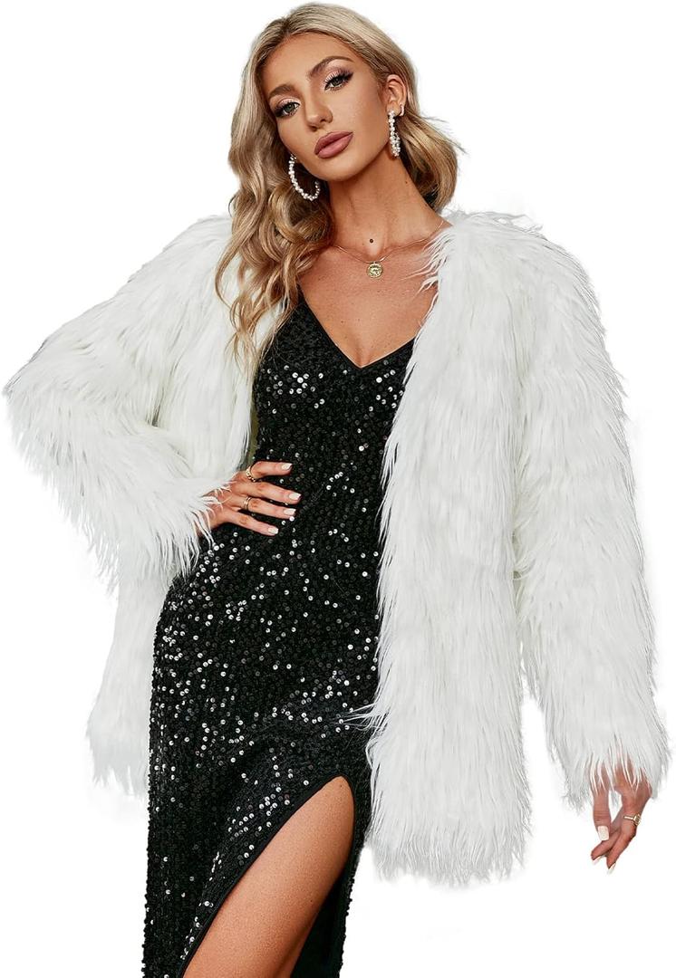 Simplee Apparel Women's Long Sleeve Fluffy Faux Fur Warm Coat (12, White)