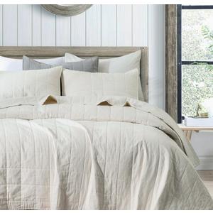 meadow park Stonewashed Linen Cotton Box Stitch Quilt and Matching Pillow Shams 3pcs Set, King Size, Beige Color.