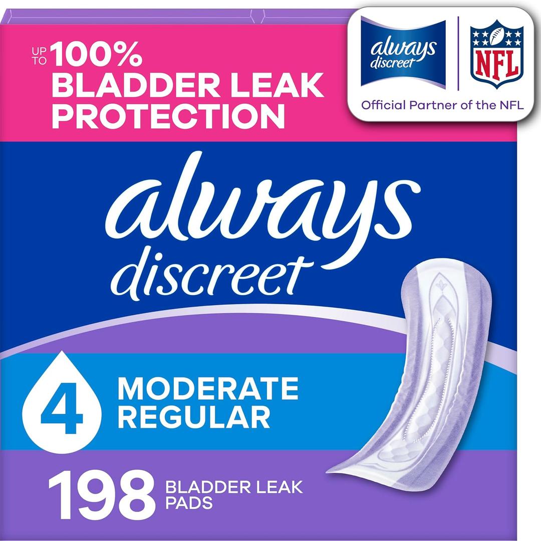 Always Discreet Adult Incontinence Pads for Women, Drier, 4 Drop Regular Length, Moderate Absorbency, Pads for Bladder Control Management, Bladder Leaks, & Postpartum Pads, 198ct