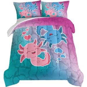 HOSIMnoA Axolotl Comforter Set Pink and Blue Axolotl Pattern Kawaii Bed Set for Kids Bedroom Decor,Twin Bed Set for Girls with 2 Pillowcases. (Full)