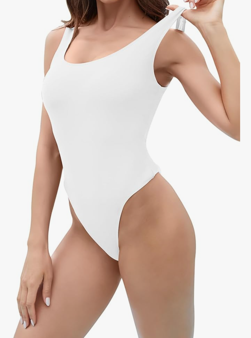 Bestart Bodysuit for Women Square Neck Sleeveless Thong Backless Going Out Bodysuit Women Tank Tops SUN Collection, L, White