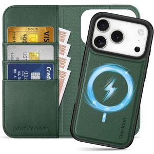 SHIELDON Detachable Leather Wallet Case for iPhone 17 Pro 6.3-inch 5G | 2-in-1, Flip, Magnetic Closure, Wireless Charging, Kickstand, RFID Blocking Credit Card Holder, Shock Absorption - Evergreen