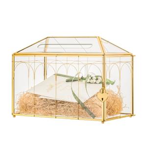 NCYP Glass Cards Box with Slot and Lock for Wedding - 12.6" x 5.9" x 9" Geometric Vintage Envelops Wishwell Card Holder - Tabletop Reception, Micro Wedding Decor, Gold (Glass Box Only)