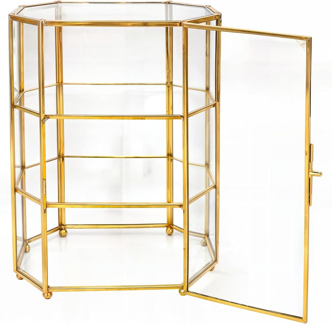 Glass Jewelry Display Case 6.7x4x8.4 inches Small Cabinet, 3-Tier Geometric Box Keepsake Trinket for Rings, Earrings, Crystals, Makeup Organizer, Multifunction Table Decoration Storage