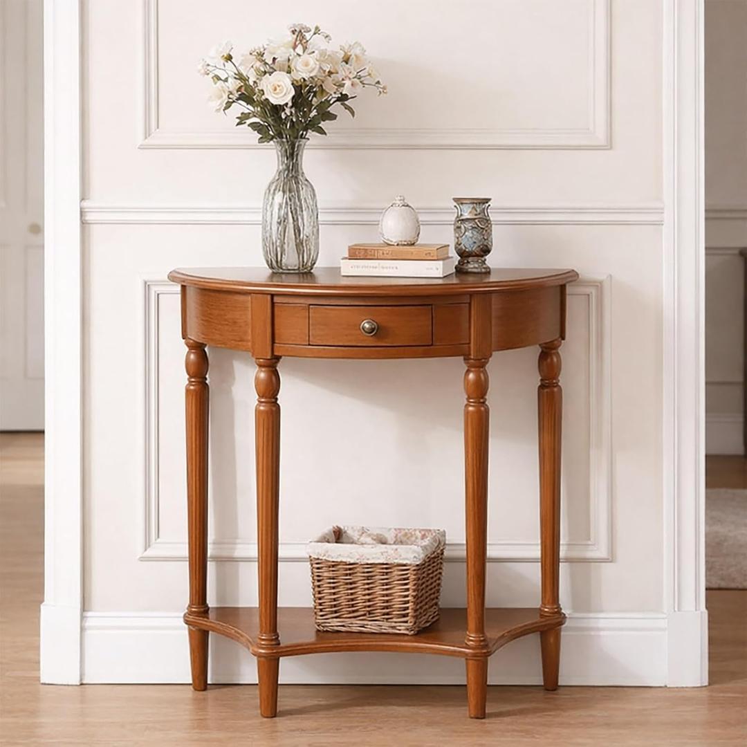 Half Moon Console Table Solid Wood Vintage Entryway Table with Storage Drawer Small Hallway Table for Entryway Half Round Foyer Tables Walnut Entry Way Tables For Entrance (Cherry, W-23.6")