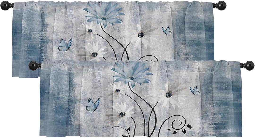 Emvency 2 Pack Valances Window Treatments, Farmhouse Blue Daisy Flowers Butterfly Blackout Drapes Adjustable Curtain for Windows Living Room Kitchen Over Sink, 52x18 Inch Rod Pocket Valances