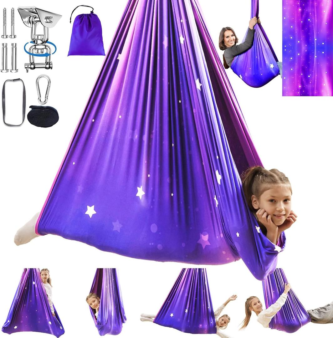 Sensory Swing for Kids Indoor & Outdoor Double Layer Therapy Cuddle Hammock Chair with 360 Swivel Hanger Kit Adjustable Swing for Child and Adult with Aspergers Autism ADHD (Galaxy Purple)
