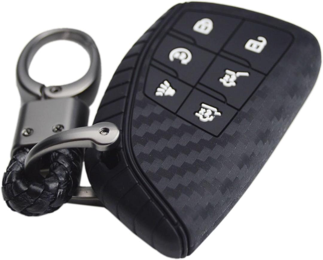 Carbon Silicone 6 buttons Key Fob Cover Case Protector for Chevrolet Suburban Tahoe Traverse Colorado Equinox RS and GMC Acadia AT4 Sierra 1500 Yukon XL 2021 2022 2023 2024 2025 (white buttons with black keychain)