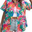 MYHALF Women Hawaiian Shirt Soft Cool Summer Hawaii Shirts Floral Tropic Print V Neck T-Shirt Short Sleeve Button Up Tops (X-Large)