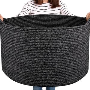 Large Woven Baskets for Storage, 22.8" x 22.8" x 13" Blanket Storage Living Room, Baby Toy Basket for Clothes, Pillows, Towels, Shoe Basket for Entryway (Black), Pack Of 2 