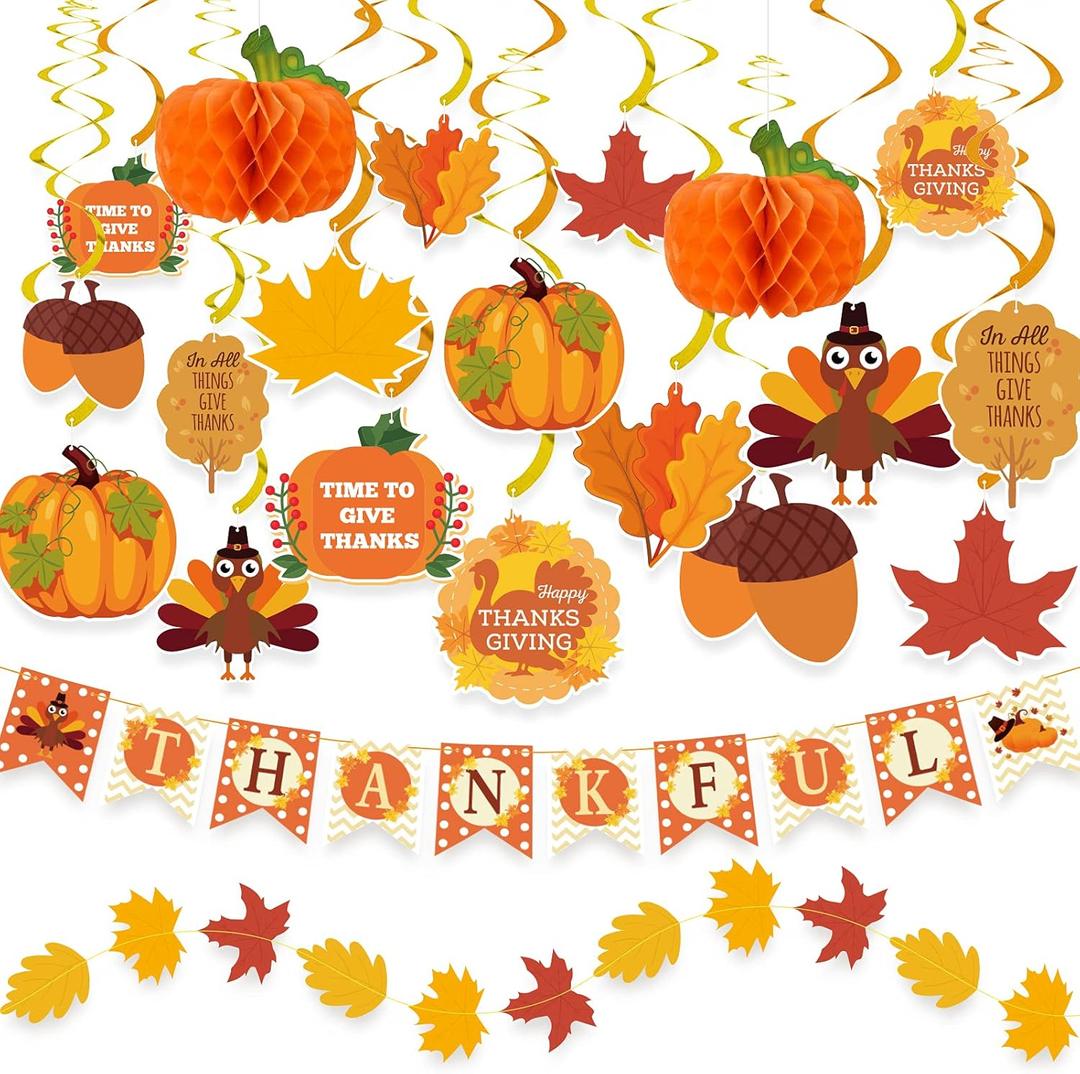 DAZONGE 40PCS Thanksgiving Decorations Set, Pre-Assembled Thanksgiving Banner & Garland, Hanging Decorations for Home, Office, Fall Harvest Home Party Dcor