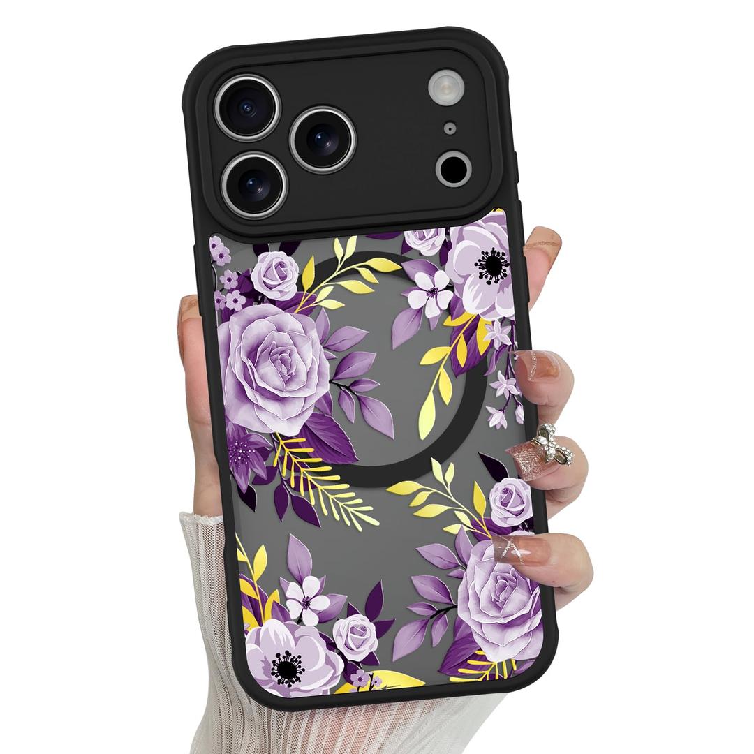 MZELQ Compatible with iPhone 17 Pro Case Flower Pattern, Black