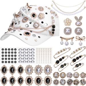 Suncalla 54 Pcs DIY Charms Set for Trucker Hats, DIY Hat Accessories Rhinestones Jewelry Brooches Charms Safety Pin for Junk Socks & Shoes(Black, Elegant)