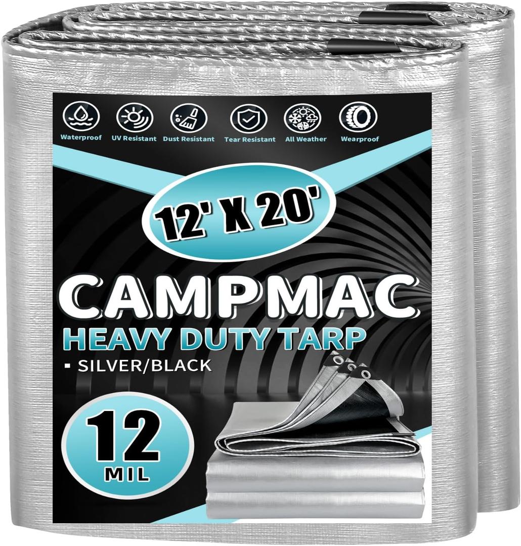 Heavy Duty Tarp 12' x 20', 12 Mil Thick Waterproof Poly Tarps, High Durability, Rip and Tear Resistant with Metal Grommets Every 20 Inches (Silver/Black)