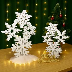Thyle 2 Sets Christmas Wooden Snowflake Decorations 12.2 Inches 9.5 Inches 3D Winter White Snowflake Tabletop Sign Wonderland Wood Blocks for Xmas Centerpiece Farmhouse Rustic Home Decor