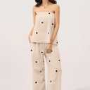 Women 2 Piece Outfits Polka Dot Summer Pants Set Strapless Tube Top High Elastic Waist Wide Leg Pants Lounge Sets (Beige, S)