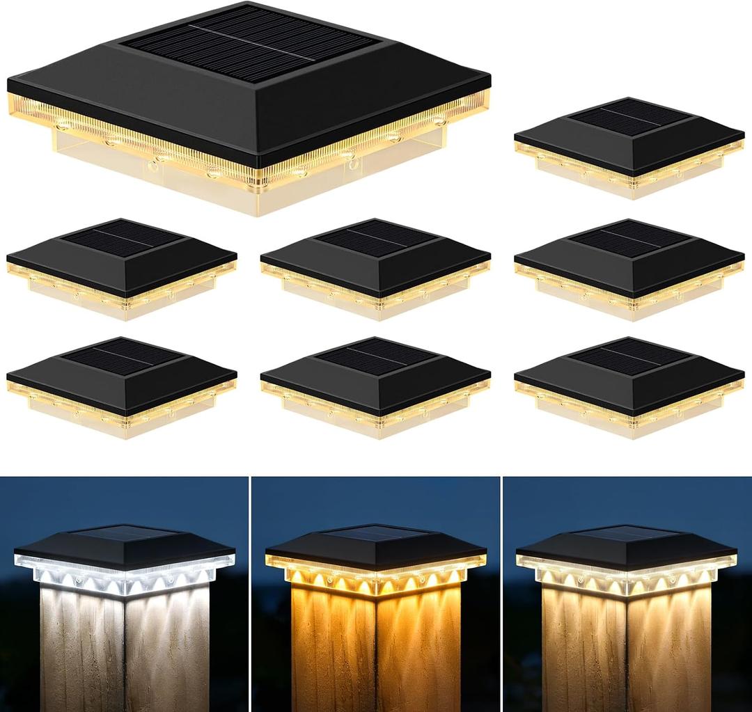 Brightever 4x4 Solar Post Cap Lights Outdoor with 3 Lighting Modes, 8-Pack Solar Powered Fence Post Lights Waterproof Fits Wooden/Vinyl Posts, Solar Deck Post Lights for Garden Patio Porch, Black