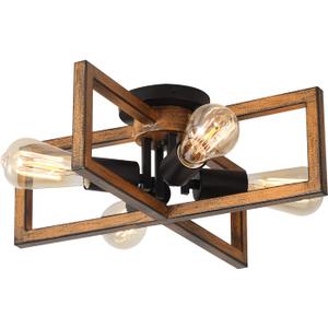 KEESFU 4-Lights Retro Semi Flush Mount Ceiling Light Fixtures, Farmhouse Wood Grain Finish Metal Ceiling Light, Rustic Lighting for Bedroom Living Room Kitchen Dining Room Hallway Entryway Foyer.