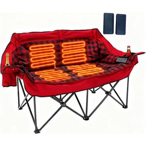 Heated Double Camping Chair with 2 Battery, Padded Camping Couch with 3 Heat Levels and 4 Heating Zones, Oversized Camp Loveseat Support 800lbs for Soccer Games, Tailgating, RV Travel, Beach Days (Red)