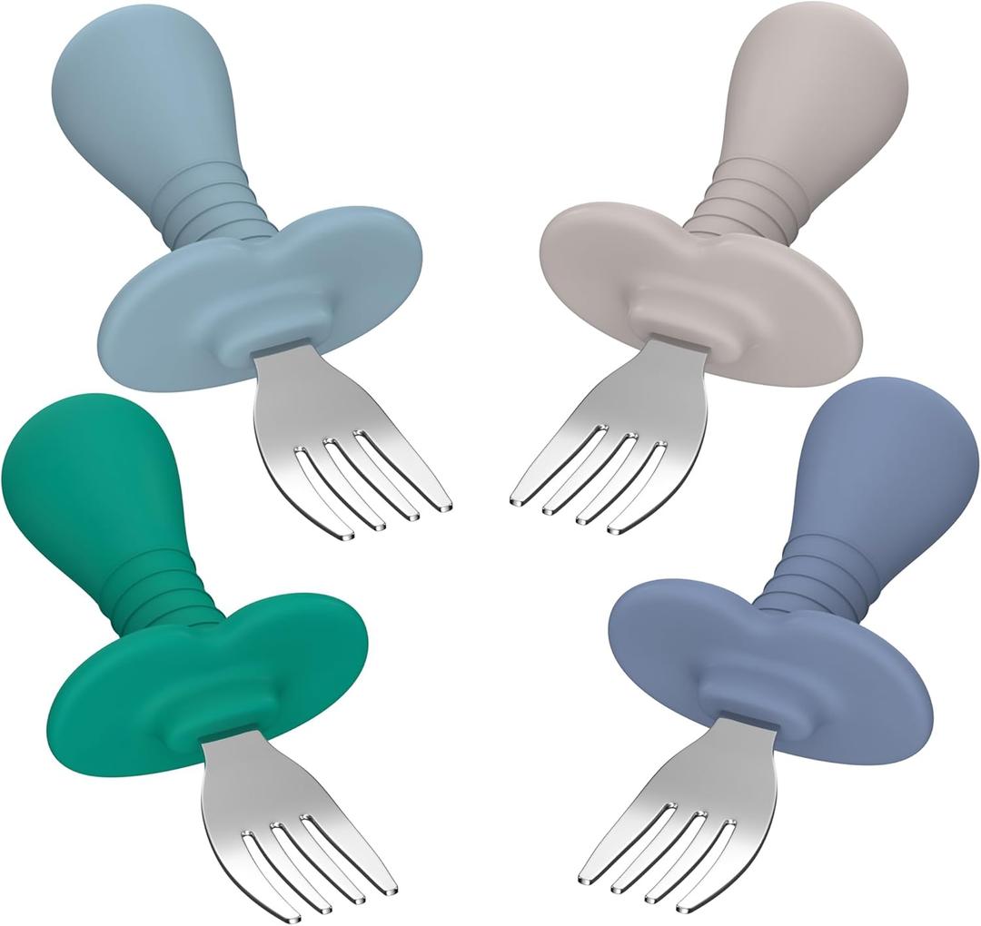 4Pcs Toddler Forks Baby Forks Set - Self-Feeding Utensils with Soft-Silicone Handles, 18/8 Stainless Steel, Anti-Choke & BPA-Free Cutlery Set