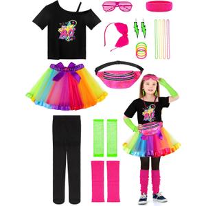 AOTHSO 18 Pieces 80s Outfit for Kids Girls 80s Costume Accessories Set Halloween Cosplay 1980s Party (Small, Iridescence)