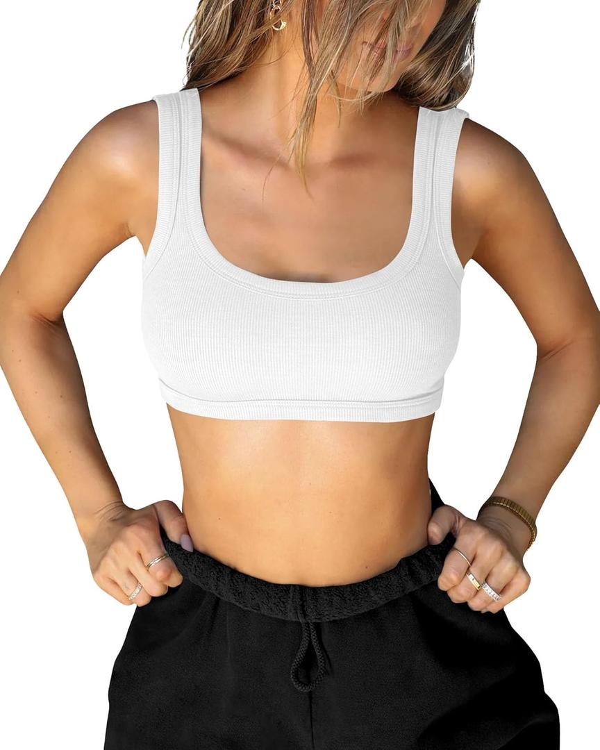 XUNYU Square Neck Tank Top for Women Ribbed Padded Crop Top with Built in Bra U Back Sexy Going Out Tops Basic Casual Summer (White) M