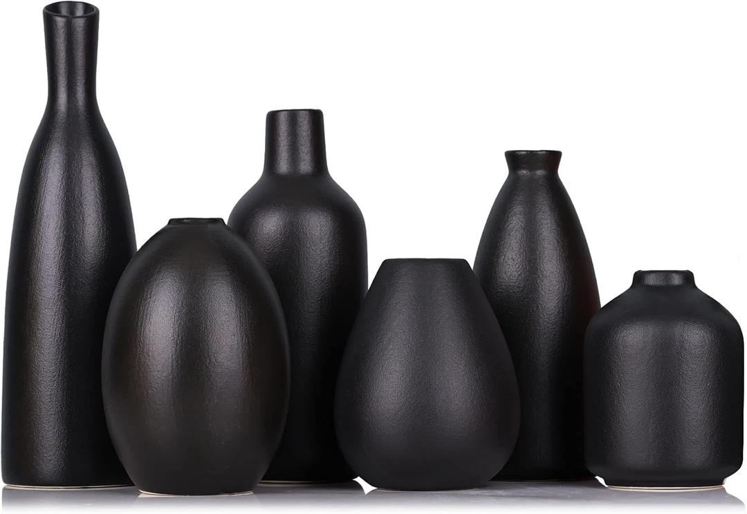 6 Pack Small Black Ceramic Bud Vases for Home Decor - Modern Boho Small Vases for Centerpieces in Bulk, Mini Flower Vases for Dry Flowers, Wedding, Table, and Party Decorations